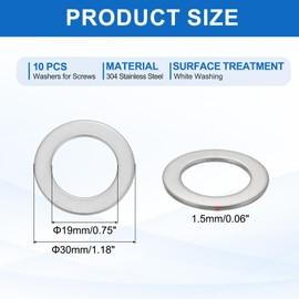 sourcing map 10 Pcs M18 304 Stainless Steel Flat Washers Round Flat Spacers for Screws, Bolts, Plumbing, Automotive, DIY, Electrical Device 19mm ID 30mm OD 1.5mm Thick