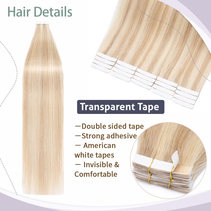 S-noilite Tape In Human Hair Extension Ash Blonde Highlights Bleach