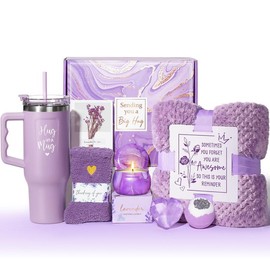 Mayicivo Mothers Day Gifts ideas Basket for Women with Flannel and stainless steel Insulated tumbler Blanket, Unique Gifts for Mom, Friends, and Wife:_Lavender (with blanket & 40oz Insulated tumbler)