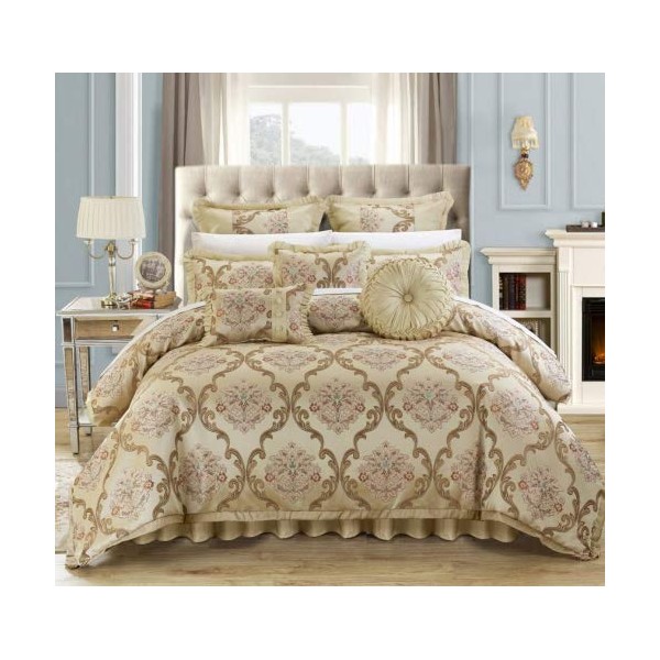 Chic Home 9 Piece Aubrey Decorator Upholstery Comforter Set and Pillows Ensemble, King, Beige