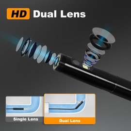 Dual-Lens Industrial Borescope Camera with 5 inch IPS Screen, 32GB Memory Card, Photo/Video Recording Enabled, 16.5FT/5M Semi-Rigid Cable with 8+1 Adjustable LEDs, IP67 Waterproof