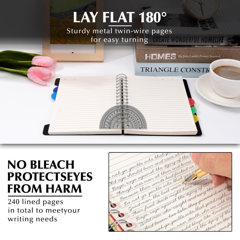 CAGIE 5 Subject Notebook with Dividers, 240 Pages Spiral Notebook