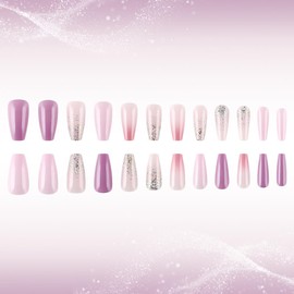 Press on Nails Long Ballet Fake Nails Purple Pink Glitter Glossy Acrylic Nails Full Cover Glue on Nails with Gradient Designs Artificial Stick Wedding False Nails for Women DIY Manicure Salon 24PCS