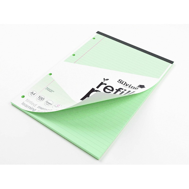 Silvine A4 Green Paper Dyslexia Refill Pad - Lined with