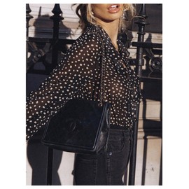 GORGLITTER Women's V Neck Ruffle Trim Sheer Shirts Bodysuits All Over Print Long Sleeve Vintage Leotard Tops Black Large