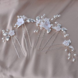 Wedding Hair Clips, Bridal Hair Pins 5 Packs Silver Ceramic Flower Hair Accessories for Brides, Girl, Women, Flower Girl