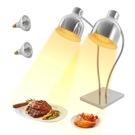 NuBusno Food Heat Lamp Commercial 2-Head Food Heating Light with Square Base 360° Adjustable Metal Food Warming Lamp for Buffet Cafeteria Restaurant 500W (Silver)