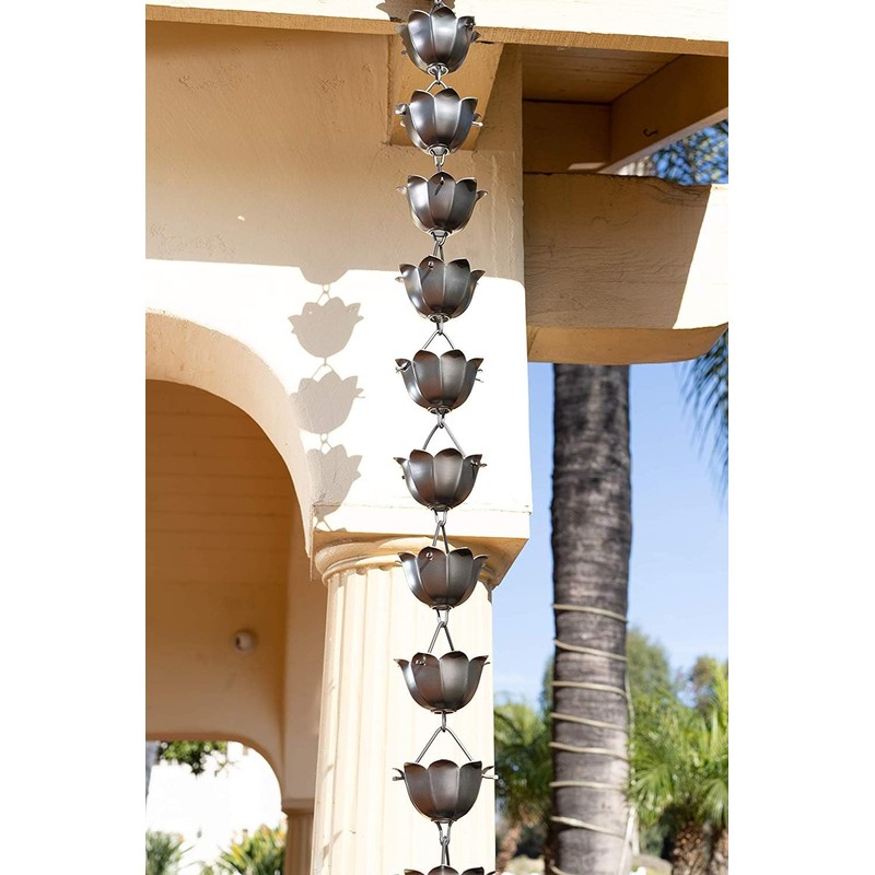Monarch Rain Chains Aluminum Lotus Pewter Rain Chains for Gutters