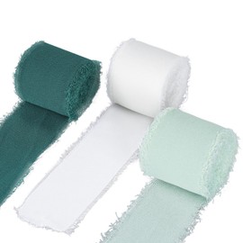 hoyuwak 3 Rolls Chiffon Silk Ribbons for Crafts, Gift Wrapping, Flower Bouquet - 1.5 Inch x 21 Yards (Cyan, green, cream color) - Elegant Fringe Edge Ribbon for Wedding Invitations, Bridal Shower Decorations, Easter DIY