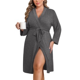 Ekouaer Women Plus Size Robe Knee Length Lightweight Bathrobe Short Kimono Robes with Pockets Maternity Robe Grey 1X