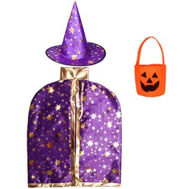 Moerstar Halloween Cosplay Witch 3-Piece Set, Children's Costume, Cape, Hat, Pumpkin Bag, Unisex, Kids Costume, Halloween, Christmas, Parties, Events (Purple)