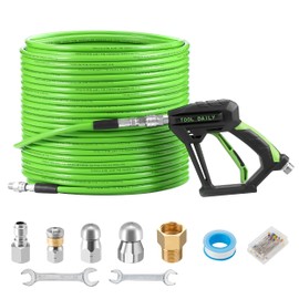 Tool Daily Sewer Jetter Kit for Pressure Washer 150 FT, Short Power Washer Gun, Drain Cleaner Hose 1/4 Inch NPT, Corner, Rotating and Button Nose Sewer Jetting Nozzle, 3600 PSI