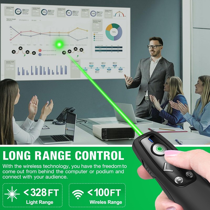 HELLCOOL Green USB C Presenter, 2.4 GHz Wireless PowerPoint Remote