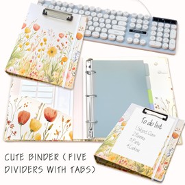 Mini Binder Organizer for 5.5" x 8.5" Paper ，1 Inch 3 Ring Binder with Clipboard, 5-Tabs Pockets Dividers, Plastic Folder, 18 Divider Stikers, Pen Loop (Weed, Half Letter Size)