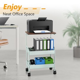 HIDODO Rolling Cart with Wooden Tabletop, 3 Tier Metal Utility Cart, Rolling Storage Organizer Cart with Lockable Wheels for Kitchen, Office, Bedroom (Green)