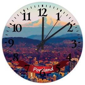 Wood Wall Clock Silent Non-Ticking Large Numbers Battery Operated Portland City Landscape Decorative Wood Clocks Country Location Street Café Wall Decor for Yoga Room School Above Fireplace 15 Inch