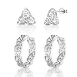 wynn's Earrings 925 Silver, 2 Pairs Celtic Knot Hoop Earrings, Silver 925 Women's Stud Earrings Set, 10 mm Stud Earrings & 14 mm Knot Hoop Earrings Gold/Silver 925 Medium Jewellery for Men and Women,