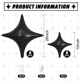 Black Star Balloons,12Pcs Four Angle Star Foil Balloons,26Inch and 10Inch Black Quadrangle Star Helium Mylar Balloons for Birthday Anniversary Baby Shower Wedding Party Decorations