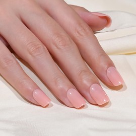 Frinail 30Pcs Light Pink Press On Nails Short Almond, Natural Pure Pink Handmade Soft Jelly Gel Fake Nails Tip, Glossy Round Oval Acrylic Stick Glue on Nails Kit for Women,15Sizes