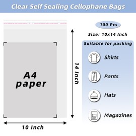 Clear Resealable Cellophane Plastic Bags Self Adhesive for Packaging Shirts, Clothing and Products,100 Pcs 10x14 Inches Self Sealing Cellophane Bags