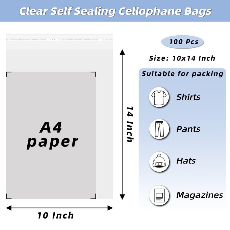 Clear Resealable Cellophane Plastic Bags Self Adhesive for Packaging Shirts,