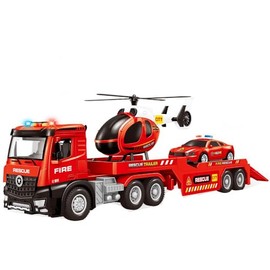WEMOKA Fire Truck Toys for Toddler Boy 3 4 5 6 Year Old, 22" Carrier Truck Toy with Racing Car and Helicopter, Big Firetruck with Openable Doors & Sounds & Lights, Birthday Gifts for Kids Child