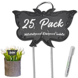 TCYPUHL Metal Plant Labels, Tall Outdoor Butterfly Garden Markers for Flowers, Fruits and Vegetables, 304 Stainless Steel Weatherproof Signs (25 Packs, 4" x 2.3", Black Butterfly Design)