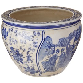 Oriental Furniture 14" Ladies Blue & White Porcelain Fishbowl