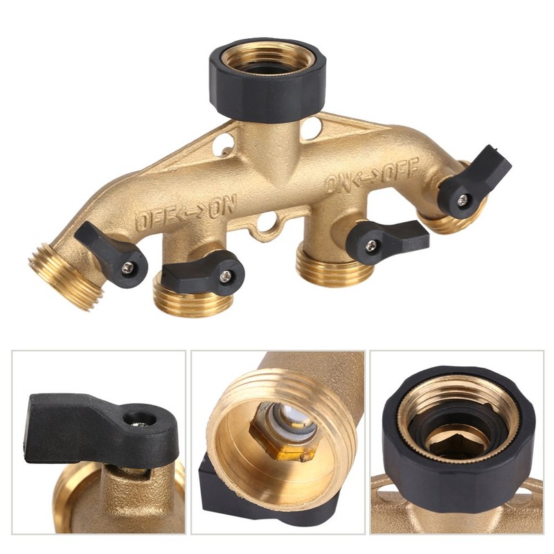 Garden Hose Splitter 4 Way Brass,3/4" Tap Splitter Shut Off