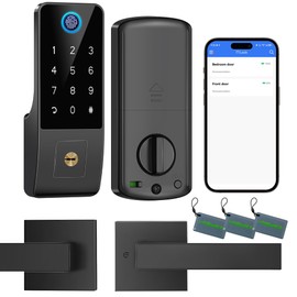 Smart Fingerprint Digital Door Lock - Keypad Lock and 2-Lever Handle Set,Keyless Entry Deadbolt for Front Door, App & Voice Control, Auto-Lock, Anti-Peep,Matte Black