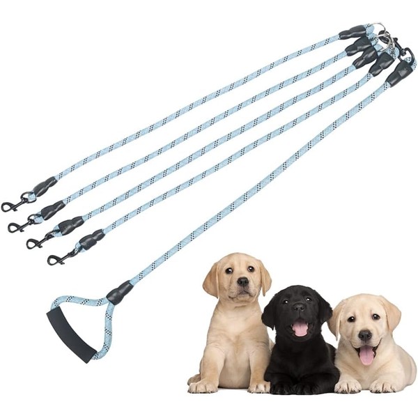 4 in 1 Dog Leads, Removable Nylon Traction Lead, 1/2/3/4 Way, Anti-Pull Long Lead, Dog Leads with Soft Padded Handle for One, Two, Three, Four Dogs, Pets, Hiking, Hiking