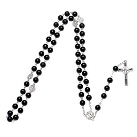 COLLBATH Luxurious Black Glass Rosary Necklace Catholic Cross Pendant Necklace for Women's Fashion
