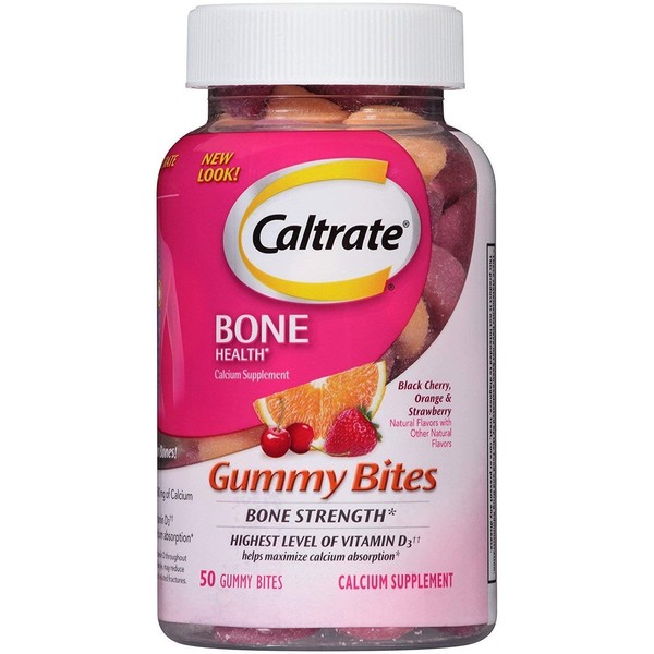 Caltrate Calcium & Vitamin D3 Supplement Gummy Bites Black Cherry, Orange, Strawberry - 50 Ct., Pack of 4