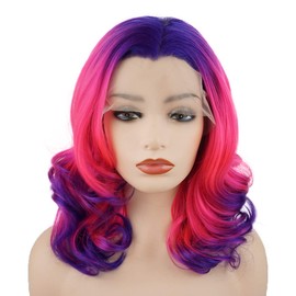 Meiyite Hair Wavy Shoulder Length 14inch Two Tone Purple Rose Red Ombre Half Hand Tied Heavy Density Realistic Synthetic Lace Front Wig