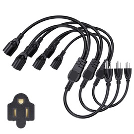 2 Way Power Splitter Extension Cord, Outdoor Y-Style Waterproof Splitter, 1 to 2 NEMA 5-15P to 2 x 5-15R, 16 AWG, 13A, 125V, 1 Foot, 3 Pack, Black