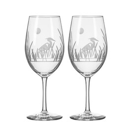 Rolf Glass Heron All Purpose Wine Glass | 18oz Set of 2 Large Wine Glasses | Lead-Free and Diamond-Wheel Engraved | Designed and Engraved in the USA | Coastal Bird Design