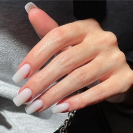 White Press On Nails Medium Long Square, Xcreando Medium Coffin Nails Acrylic Nails Press ons Glue on Nails Medium Length, Solid Color Fake Nails for Women, Natural Thick Artificial Nails Stick on