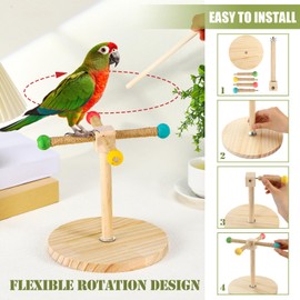 Cunno 3 Pcs Bird Training Stand Kit, Parrot Training Clicker Portable Tabletop Bird Perch and Target Stick, Wooden Spin Perch Clickers with Wrist Strap for Parakeet Conure Lovebird Cockatiel (Spin)