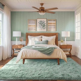 FinRèc Light Green Rug for Bedroom Living Room, 5x8 Feet Fuzzy Shaggy Area Rug, Non-Slip Fluffy Furry Rugs for Kids Room Dorm Room Home Decor, Indoor Plush Floor Carpet