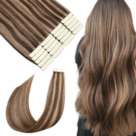 SURNEL Tape in Hair Extensions 22 inch Tape in Hair Extensions Human Hair Color 4 Medium Brown Highlighted 27 Caramel Blonde Tape Hair Extensions 20 pcs 50g(#4P27-22)