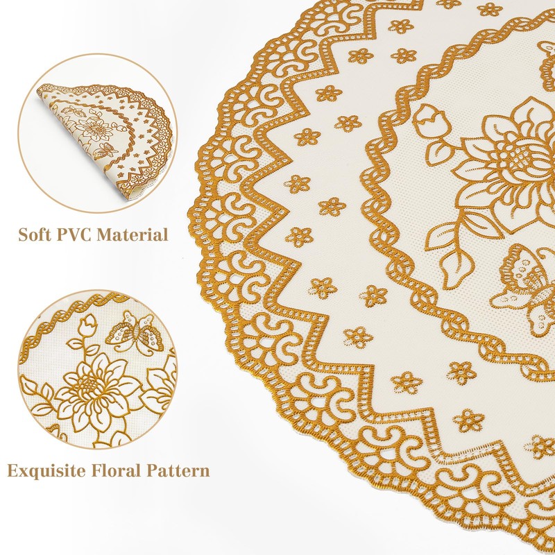 fanquare Round Gold Lace Placemats Set of 12, 15" Floral