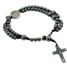 Catholica Shop St Benedict Medal and Crucifix Rosary Bracelet with Knotted Hematite 4mm Beads for Men and Women. Made in Brazil.