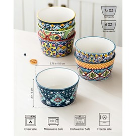 Ramekins Oven Safe 6 Oz - Creme Brulee Ramekins, Pudding Cups, Mini Baking Bowls for Souffle, Custard, Dip, Ice Cream - Set of 6, Bohemian Style