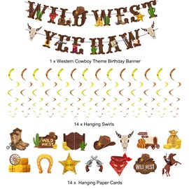 Cowboy Party Decorations, Cowboy Theme Party Decorations Include Western Cowboy Happy Birthday Banners and Hanging Swirls, Yee Haw Ceiling Streamers for Boys Birthday Western Baby Shower Party Decor