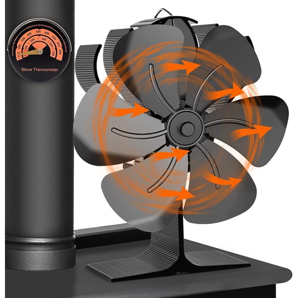 2022 New Fireplace Fan, Heat Powered Wood Stove Fan with 6 Blades for Wood Burning Stove, Gas Stove and Pellet Stove, Come with Fireplace Thermometer