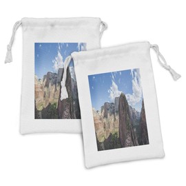 Lunarable Zion National Park Fabric Pouch Set of 2, Hiking Adventure Nature Photo of Angels Landing Trail with Sky, Small Drawstring Bag for Toiletries Masks and Favors, 9" x 6", Multicolor