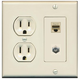 15 Amp Round Power Outlet 1 Port Cat6 Ethernet 1 Coax Cable-TV F-Type Wall Plate [Light-Almond]
