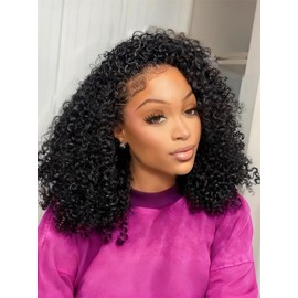 Querary Kinky Curly Half Wig Human Hair 20 Inch 220% Density Invisible Hairline 3 In 1 Drawstring Seamless Flip Over Glueless Wigs Curly Half Wigs for Women (20 Inch)