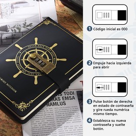 DOSYU Cuaderno de Cuero, Libreta A5 con Cerradura, Diseño Náutico, Bolsillo Interior para Tarjetas, 300 Páginas Rayadas, Perfecto para Viajeros y Escritores (Negro)