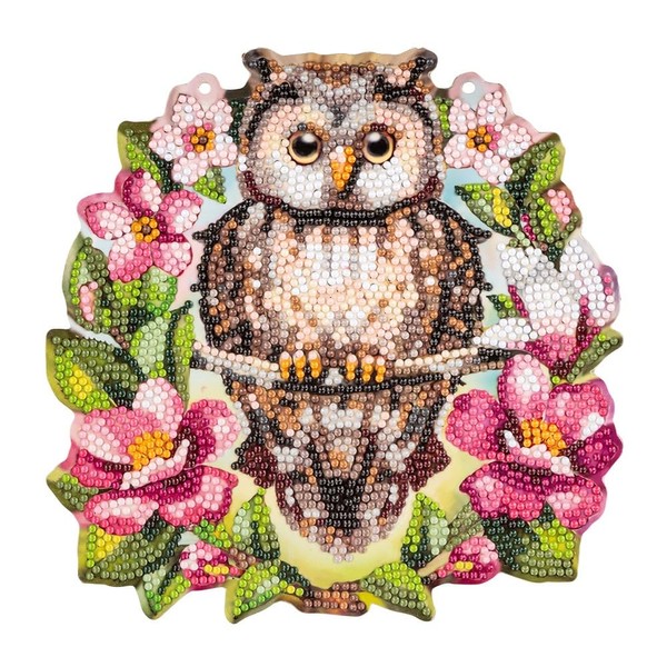 Ideen mit Herz Diamond Painting Window Decoration | Double Sided Print | Approx. 20 cm Diameter | Includes Diamond Painting Stones for Front and Back (Owl in Flower Wreath)